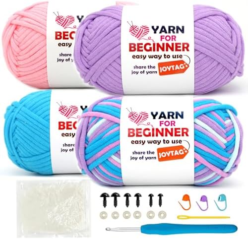 4 Pack Rainbow Beginner Crochet Yarn for Crocheting and Knitting Multicolor Crochet Yarn for Beginners with Easy-to-See Stitches Cotton-Nylon Blend Easy Yarn for Beginners(Blue Pink Purple) by JOYTAG