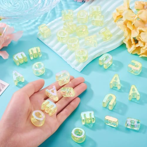 FASHEWELRY 50Pcs Big Crystal Vowel Letter Beads 20mm Colorful Acrylic Vowel Beads 3D Transparent AEIOU Alphabet Bead for DIY Keychains Bracelet Paracord Jewelry Making (Light Yellow) - Image 2