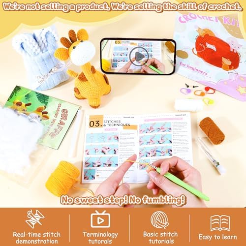 Beginner Crochet Kit for Making Adorable Giraffe - Complete DIY Craft Kit with Yarn, Hooks, and Video Tutorial - Ideal Arts and Crafts for Adults, Room Decor Gift - Image 5