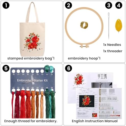 CREAWONDER Canvas Tote Bag Embroidery Kit with Pattern for Beginners, Arts and DIY Embroidery Crafts Kits for Adults, Include Instructions, Embroidery Hoops, Color Threads and Tool - Image 4