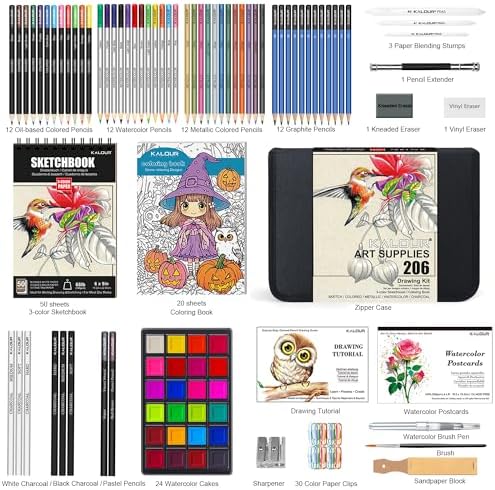 KALOUR 206 Drawing Set Sketching Kit,Art Supplies with 3-color Sketchbook & Coloring Paper,Include Tutorial, Colored, Graphite, Charcoal, Watercolor & Metallic Pencil,for Artists Adults Teens Beginner - Image 3