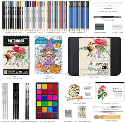 KALOUR 206 Drawing Set Sketching Kit,Art Supplies with 3-color Sketchbook & Coloring Paper,Include Tutorial, Colored, Graphite, Charcoal, Watercolor & Metallic Pencil,for Artists Adults Teens Beginner - Image 3
