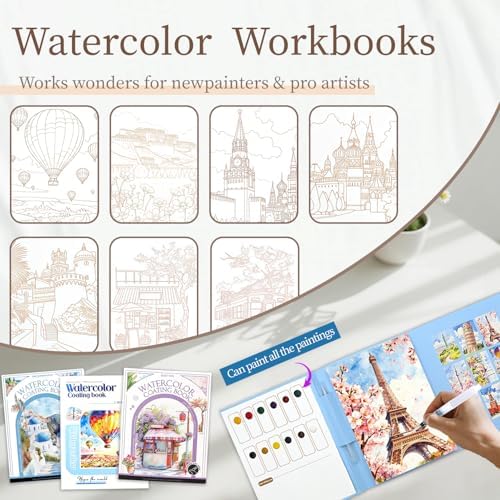 NaTuGi 3Pac Watercolor Workbook for Adults,Watercolor Coloring Book,Portable Watercolor Painting Books,Creative Stress Relief Kit,Suitable for Beginners Birthday Gift (Architecture Series 3pc-B) - Image 2