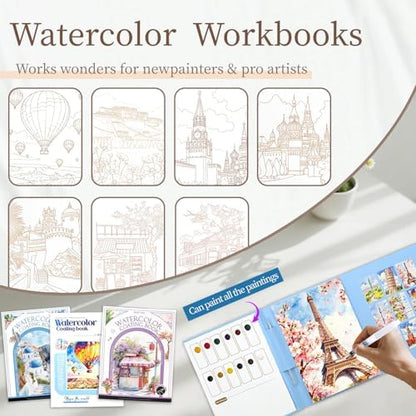 NaTuGi 3Pac Watercolor Workbook for Adults,Watercolor Coloring Book,Portable Watercolor Painting Books,Creative Stress Relief Kit,Suitable for Beginners Birthday Gift (Architecture Series 3pc-B) - Image 2