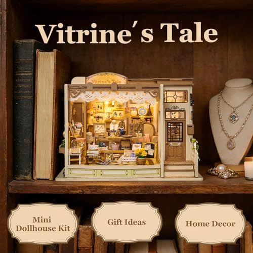 fifijoy DIY Miniature Dollhouse Kit - Jewelry Shop DIY Miniature House Kit for Adults and Teens, 3D Wooden Puzzle Tiny House Model with LED Light, Unique Gift for Family, Friends (Vitrine’s Tale) - Image 2