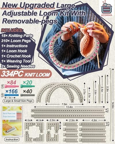 UCDRMA Upgraded Large Adjustable Loom Knitting Kit with Removable-pegs, Up to 132 Sizes & Shapes Weaving Knitting Loom for Blankets/Scarves/Hats, Beginners Infinity Crochet Loom Kit with Instructions - Image 2