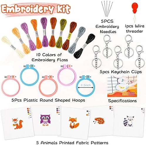 WATINC 5Pcs Embroidery Kit for Kids Stamped Cross Stitch DIY Key Chain with Woodland Animal Patterns Needlepoint Starter Kits Craft Supplies for Beginners Adults Schoolbag - Image 2