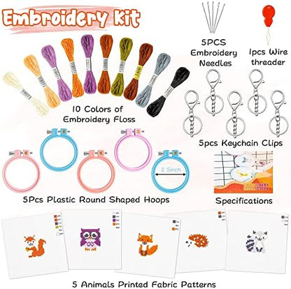 WATINC 5Pcs Embroidery Kit for Kids Stamped Cross Stitch DIY Key Chain with Woodland Animal Patterns Needlepoint Starter Kits Craft Supplies for Beginners Adults Schoolbag - Image 2