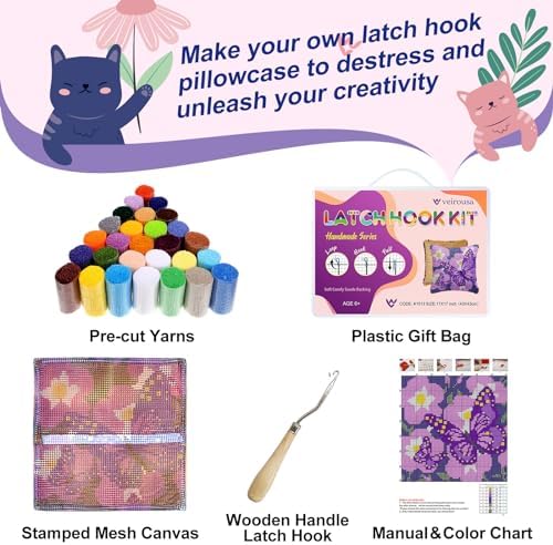 veirousa Butterfly Floral Latch Hook Kits for Adults Beginners DIY Crochet Pillow Kit Pre-Printed Pillowcase Hook and Latch Rug Kits Needlework Cushion Cover for Home Sofa Decoration 17x17 in. - Image 3