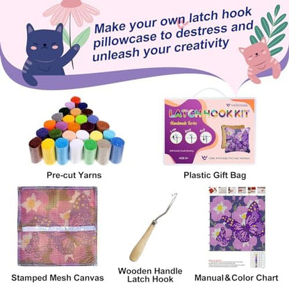 veirousa Butterfly Floral Latch Hook Kits for Adults Beginners DIY Crochet Pillow Kit Pre-Printed Pillowcase Hook and Latch Rug Kits Needlework Cushion Cover for Home Sofa Decoration 17x17 in. - Image 3
