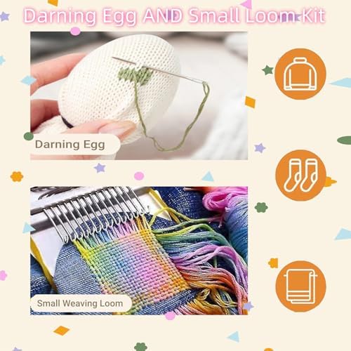 YFXJC Mini Darning Loom, Darning Egg Weaving Tool Set with Small Weaving Loom Kit with 14 Pcs Large Eye Needles 50 Colors Darning Thread for DIY Handicraft Home Sewing Care (Orange-Egg) - Image 4