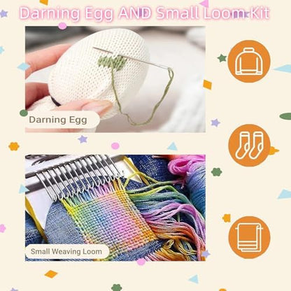 YFXJC Mini Darning Loom, Darning Egg Weaving Tool Set with Small Weaving Loom Kit with 14 Pcs Large Eye Needles 50 Colors Darning Thread for DIY Handicraft Home Sewing Care (Orange-Egg) - Image 4