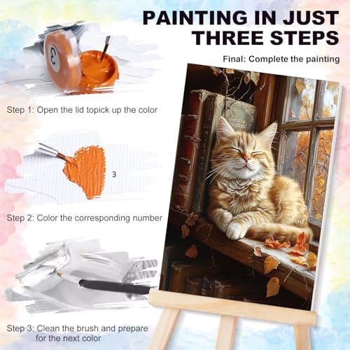4 Pcs Framed Paint by Numbers Kit for Adults Sleeping Cat with Wooden Easel - Image 4