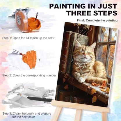 4 Pcs Framed Paint by Numbers Kit for Adults Sleeping Cat with Wooden Easel - Image 4