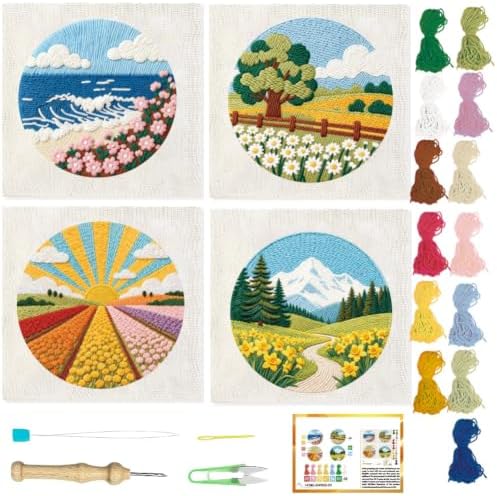 BEUNITONE 4PCS Punch Needle Kit for Adults Beginners, Beautiful Sea Flower Needlepoint Crafts Kit for Adults, Complete Embroidery Starter Kit with Pre-Print Pattern and Hoop for Home Decor 7.9"x7.9" by BEUNITONE