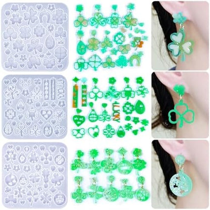 3 Pack Shamrock Silicone Resin Earring Molds, Lucky Straw Shape Earring UV Molds Epoxy Resin Casting Mold with 200Pcs Earring Hook for St Patrick's Day Keychain Jewelry Pendant DIY Supplies by JHYlilia