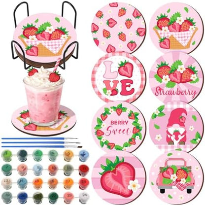 Reallnaive 8 Pcs Strawberry Paint by Numbers Kit for Adults Wooden Coasters by Reallnaive