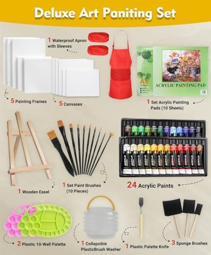Colorful Acrylic Painting Kit, 64 Piece Set with Walnut Easel, 24 Colors - Image 2