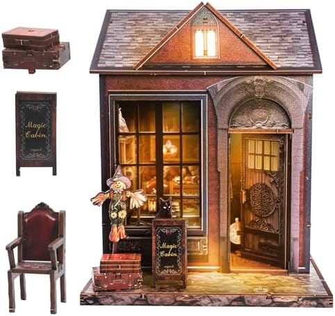 Magic Cabin Miniature Dollhouse with LED Lights, Vintage Furniture & Decor – Handcrafted Fantasy Shop Display for Home Decor, Collectibles & Gifts by Joibabe