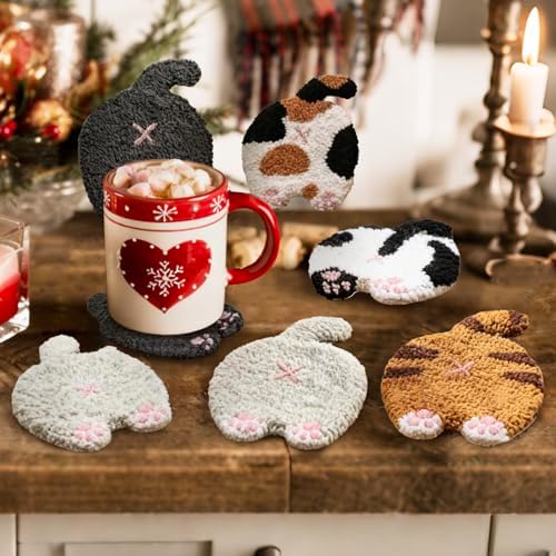 JarThenaAMCS 26 Pcs Pet Punch Needle Coaster Kits Cat Crafts Coasters Kit with Adhesive Felt Yarns Embroidery Hoop Instruction for Adults Beginners DIY Decor - Image 5
