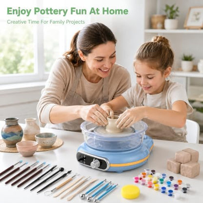Mini Pottery Wheel Kit Electric Turntable Clay Machine with Handle, Adjustable Speed and Forward Reverse Rotation, 24 Shaping Tools 12 Color Paint Set 3 Clay Blocks for DIY Craft Projects - Image 6