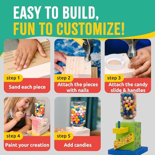 SparkJump Candy Dispenser Woodworking Kit – Complete STEM Building Kit for Kids with FSC-Certified Wood, Paints & Tools, DIY Gumball Machine Craft for Boys & Girls, Ages 6+ - Image 5