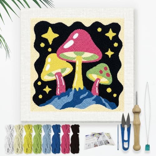 DOODLREAM Cartoon Mushroom Needle Kit for Beginner, 9.4"x 9.4" Starry Night Punch Stitching Craft Set, DIY Embroidery Starter with Printed Frame, Instruction, Threader, Yarn, Punch Needle by Doodlream