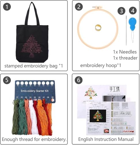 CREAWONDER Canvas Tote Bag Embroidery Kit with Pattern for Beginners, Arts and DIY Embroidery Crafts Kits for Adults, Include Instructions, Thimble, Embroidery Hoops, Color Threads and Tool - Image 4