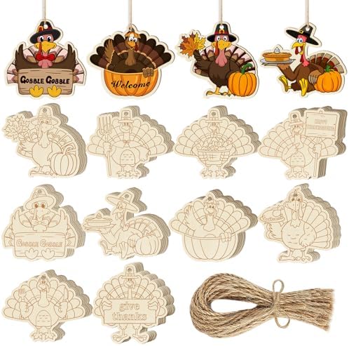 80PCS Wooden Thanksgiving Decoration Turkey Ornaments to Paint Thanksgiving Ornaments for Tree Crafts Cutouts Unfinished, DIY Blank Fall Unfinished Turkey Pumpkin Ornament for Home Harvest Hanging by Sophena