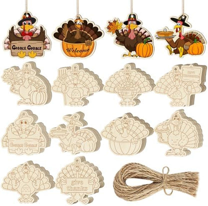 80PCS Wooden Thanksgiving Decoration Turkey Ornaments to Paint Thanksgiving Ornaments for Tree Crafts Cutouts Unfinished, DIY Blank Fall Unfinished Turkey Pumpkin Ornament for Home Harvest Hanging by Sophena