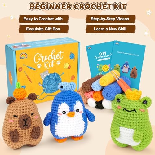 Fortuning's JDS Crochet Kit for Beginners, Crochet Animal Kit Includes Penguin, Capybara & Frog, Complete Starter Kit for Adult, DIY Craft Crochet Kits, Easy Knitting Kit Christmas Gifts - Image 3