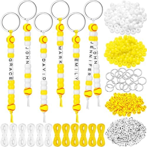 Landical 564 Pcs DIY Bead Keychain Kit Key Chain Making Craft Adjustable Letter Beads String Mama Sport Gift Alphabet Jewelry Backpack Accessories Holiday Party Favor(Softball,Yellow White) by Landical