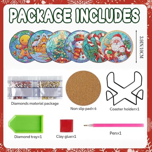 EWJRNSF 6 PCS 5D Diamond Painting Coasters Kits with Holder, Small Diamond Art Kits for Adults Beginners Diamond Dots Arts and Crafts Gems Supplies Item Christmas Style - Image 2