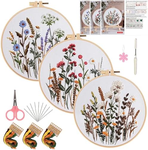 Herdiese Embroidery Kit for Beginners with 3 Floral Patterns by Unknown