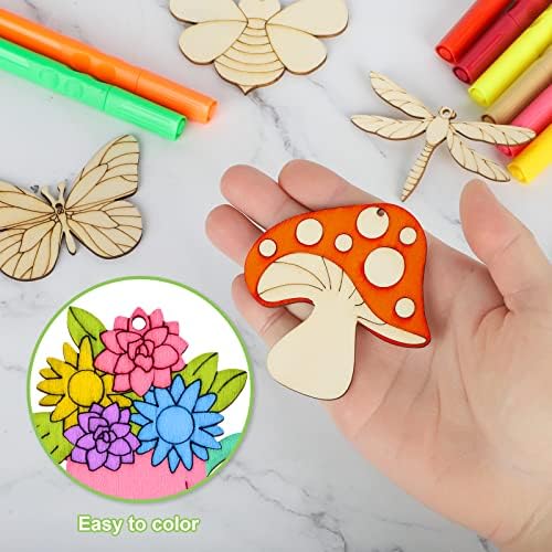 80PCS Wooden Spring Ornaments to Paint, 8 Styles DIY Blank Unfinished Wood Cutouts Ornament for Home Crafts Hanging Decorations, Insect Dragonfly Butterfly Snail Watering Can Mushroom Flower Shape - Image 2