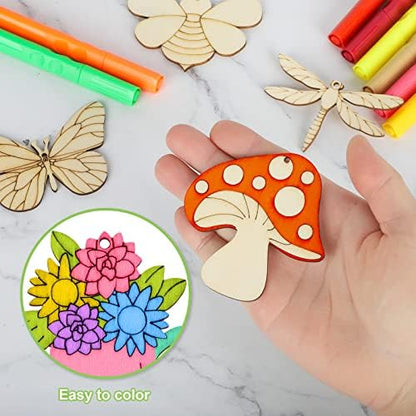 80PCS Wooden Spring Ornaments to Paint, 8 Styles DIY Blank Unfinished Wood Cutouts Ornament for Home Crafts Hanging Decorations, Insect Dragonfly Butterfly Snail Watering Can Mushroom Flower Shape - Image 2