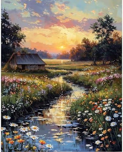 Paint by Numbers Kit for Adults, Sunset Cottage Number Painting Canvas Kit by CamocinDIYKit