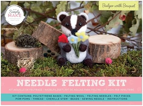 Simply Make Needle Felting Kit, Badger with Bouquet, Needle Felting Kit with Felting Needles and Felting Wool, Ideal Needle Felting Kits for Beginners, Fun DIY Craft Kit by Simply+MAKE