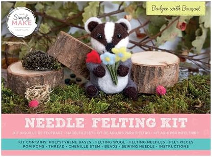 Simply Make Needle Felting Kit, Badger with Bouquet, Needle Felting Kit with Felting Needles and Felting Wool, Ideal Needle Felting Kits for Beginners, Fun DIY Craft Kit by Simply+MAKE