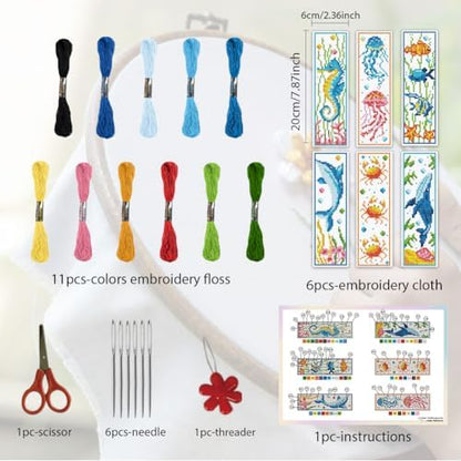 ORIGACH 6 Set Marine Animals Cross Stitch Bookmark Kit for Beginner with Backing Felt Floss Instructions DIY Stamped Embroidery Bookmark Kit for Adults, Book Lovers - Image 2