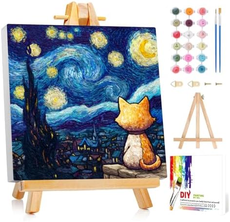 Framed Paint by Numbers Kit for Adults Beginner & Kids Ages 8-12 Starry Night Adult Paint by Number Kits on Canvas with Easel Cat Painting by Numbers for Adults with Frame DIY Painting Kits 8x8 Inch by Unknown