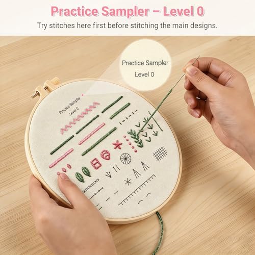 ZenHues Embroidery Kit for Beginners Adults with Level 0 Practice Sampler, 5 Pre-Printed Patterns & Video Tutorials with 7.8" Hoop, Learn 30+ Stitches, DIY Needlework Craft Gift for Women - Image 4