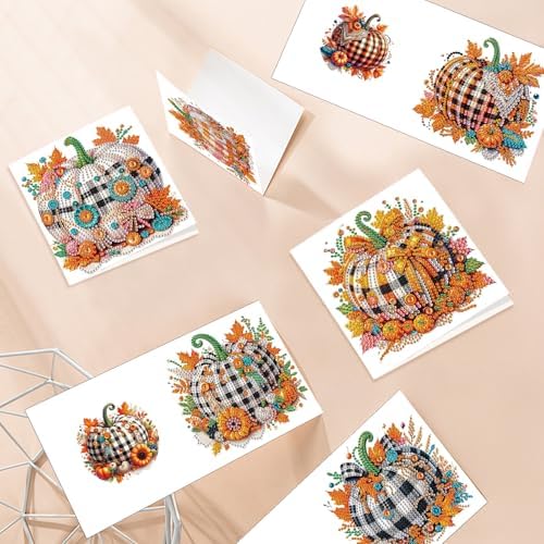 6-Pack Autumn Pumpkin Diamond Art Greeting Cards with Envelopes – DIY 5D Diamond Painting Kits for Adults, Creative Fall Thanksgiving Greeting Card Set, Rhinestone Craft Kits, Handmade Holiday Cards - Image 6