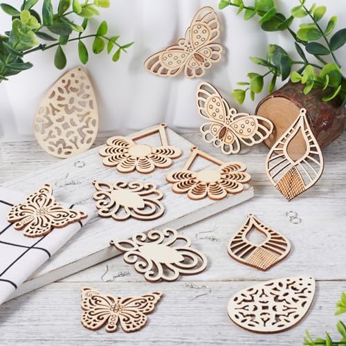 Elecrelive 8 Pairs Butterfly Wood Charms Wooden Earrings Blanks Flower Teardrop Rhombus Wood Earring Pendants Wooden Dangle Earring Making Kit with Earring Hooks - Image 2