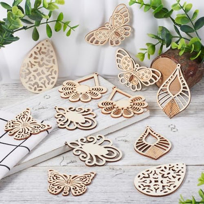 Elecrelive 8 Pairs Butterfly Wood Charms Wooden Earrings Blanks Flower Teardrop Rhombus Wood Earring Pendants Wooden Dangle Earring Making Kit with Earring Hooks - Image 2