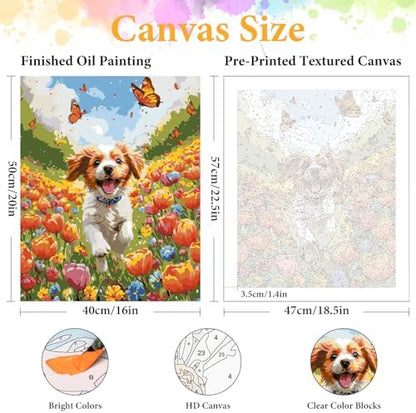 Paint by Numbers Kit for Adults, Happy Puppy & Tulip Design, 16x20 Inch - Image 2