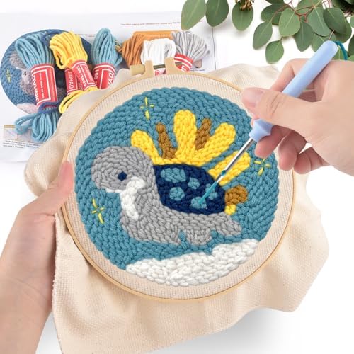 ERKOON Punch Needle Kit Adults Beginners, DIY Easy Sea Animals Embroidery Set for Starter Art Craft, Needling Punch Project with Patterns, Tools, Yarns, Hoop, Instruction (Turtle) - Image 5