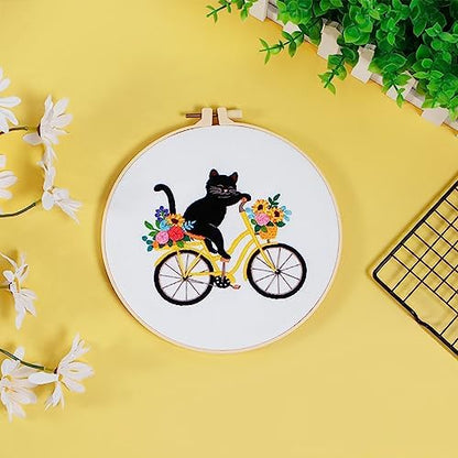 Louise Maelys Cat Bicycle Embroidery Kit for Beginners Floral DIY Craft - Image 6