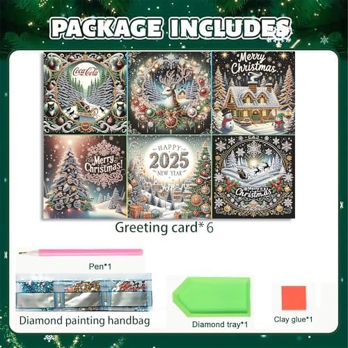 DIZAKIM 6 Pieces Christmas Theme Design Diamond Painting Greeting Card Set, DIY 5D Unique Rhinestone Art Embellishment Mosaic Christmas Greeting Card Crafts, Mosaic Handmade Creative Postcards (#3) - Image 3