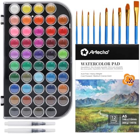Artecho 48 Colors Watercolor Paint Set, 10 Brushes by Artecho